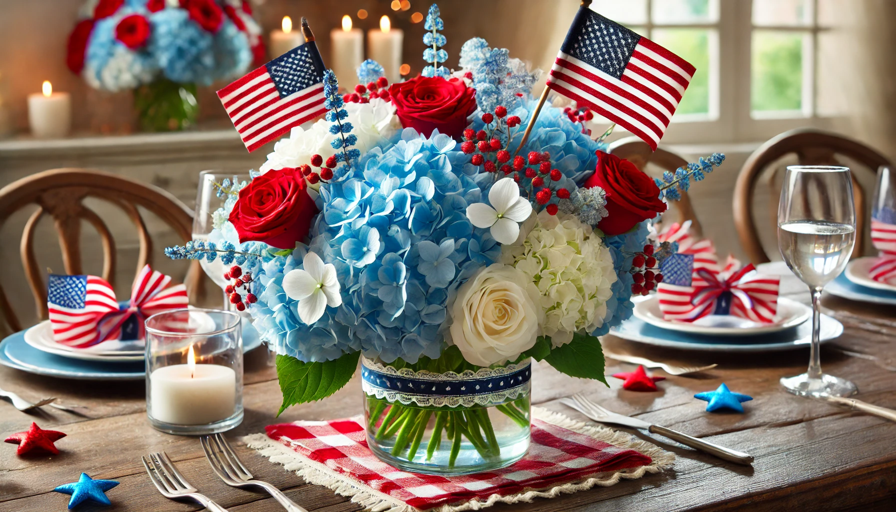 Festive Independence Day floral arrangement with blue and white hydrangeas, red roses, and miniature American flags in a glass vase, surrounded by candles on a wooden table.