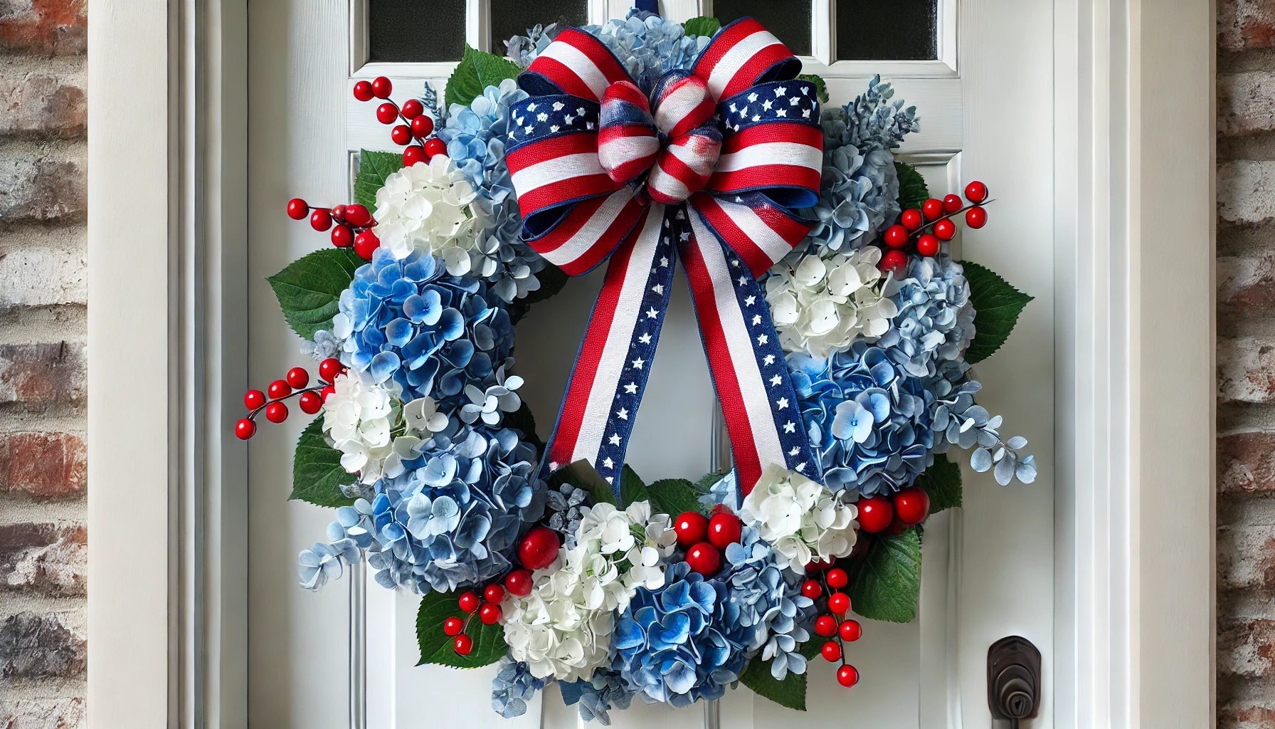 Independence Day door wreath featuring blue and white hydrangeas, red accents, and an American flag ribbon, creating a welcoming holiday decoration.