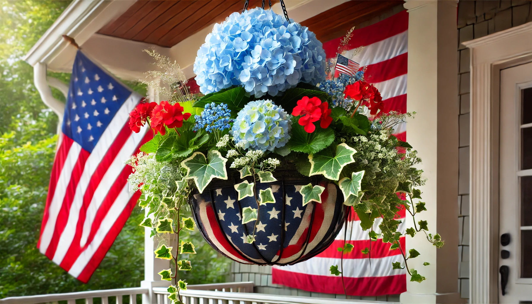 Festive hanging floral basket with hydrangeas, red petunias, and ivy, adding a patriotic touch to a porch decorated for Independence Day.