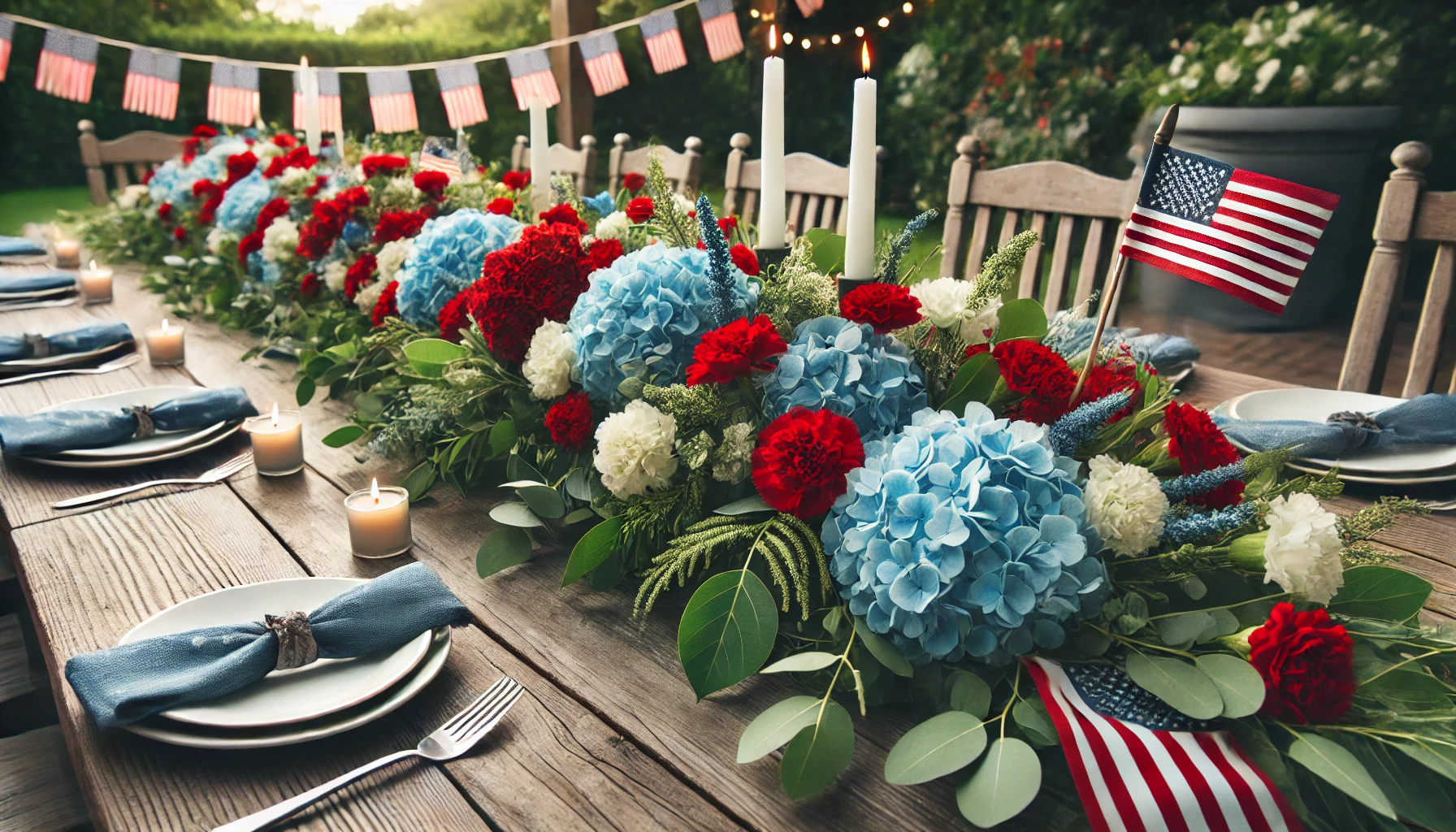 4th of July table garland featuring blue and white hydrangeas, red carnations, and fresh greenery, running along a wooden outdoor dining table with candles and American flags.