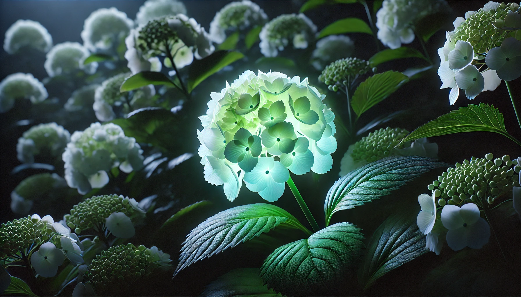 Visual concept of a glowing hydrangea flower with bluish light in a dark garden background