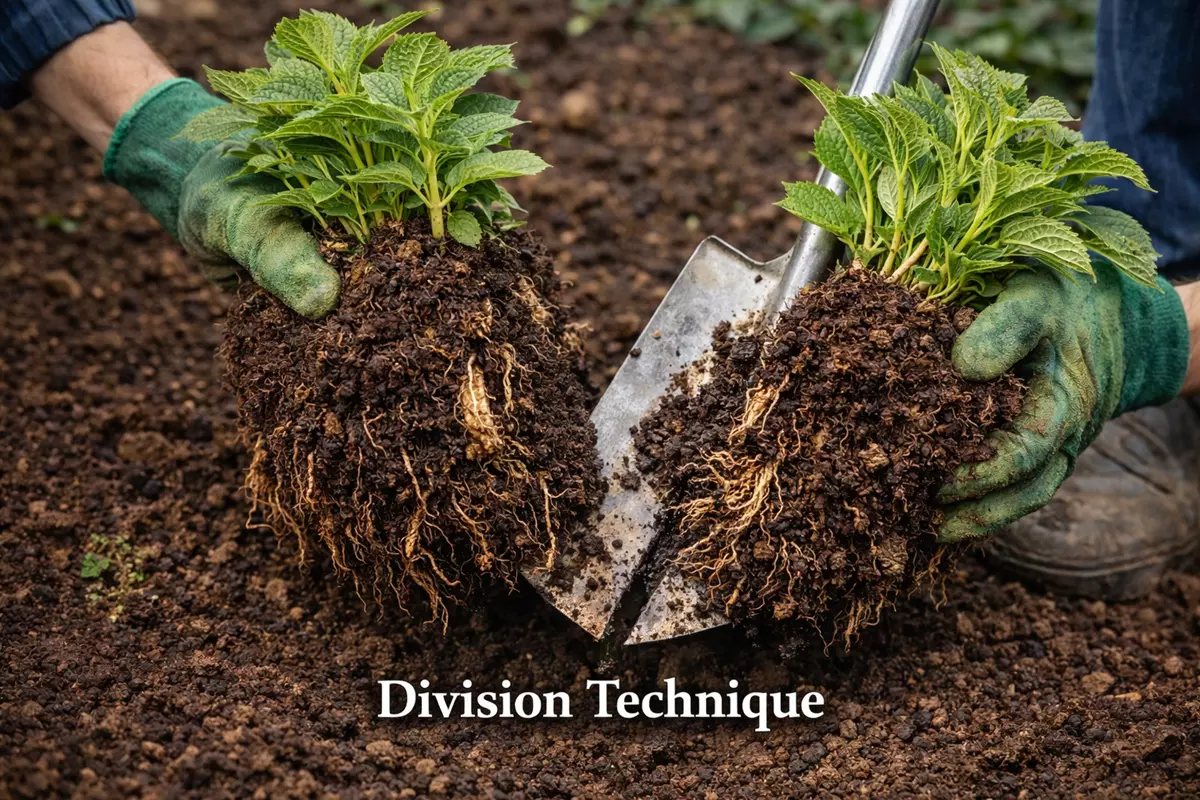 Division technique for oakleaf hydrangea: splitting the root clump with a spade