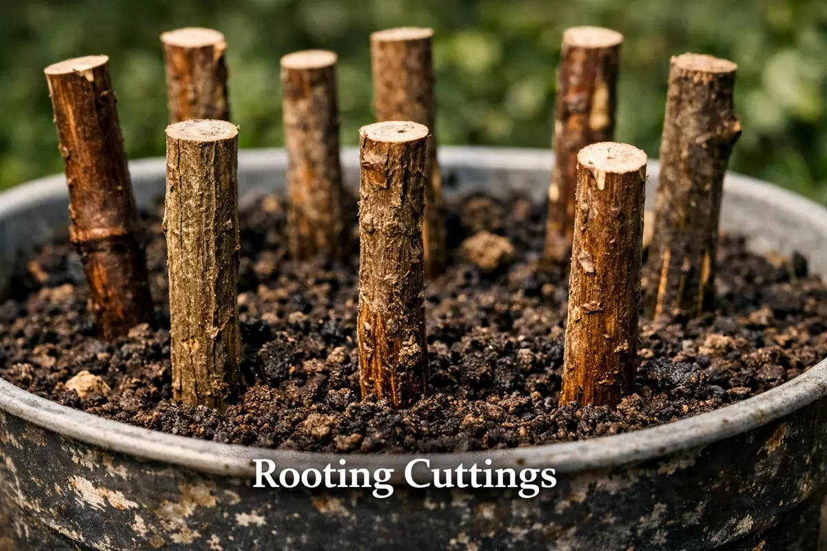 Rooting hardwood cuttings in potting mix: oakleaf hydrangea sticks placed upright for rooting